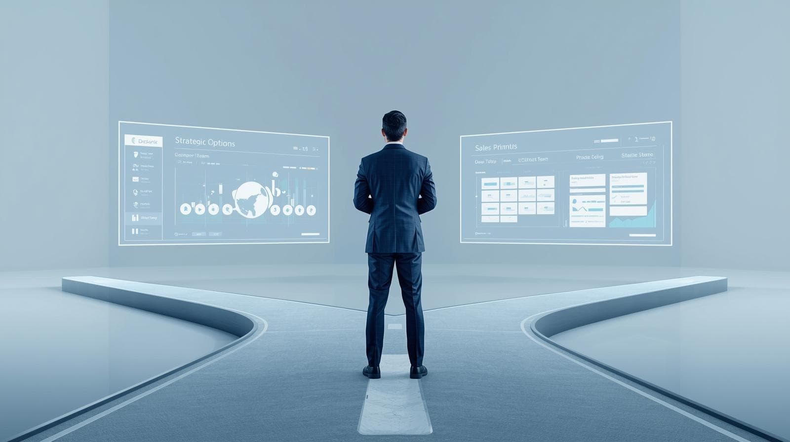 Geschäftsführer vergleicht interne und externe Sales-Operations-Optionen auf einem digitalen Dashboard